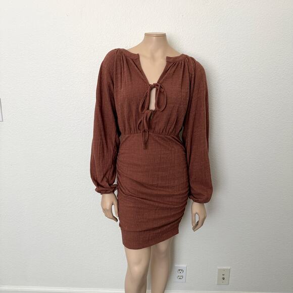 [ASOS] Brown Textured Long Balloon Sleeves Front Tie Ruched Mini Dress Size US 4 - Picture 1 of 12